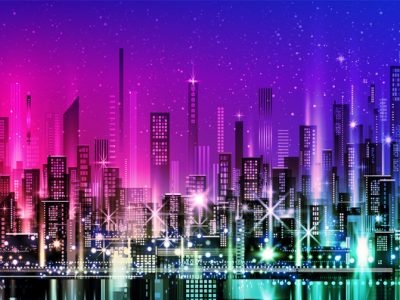Stadbeeld in de nacht met veel kleur