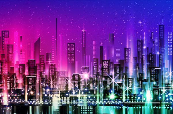 Stadbeeld in de nacht met veel kleur
